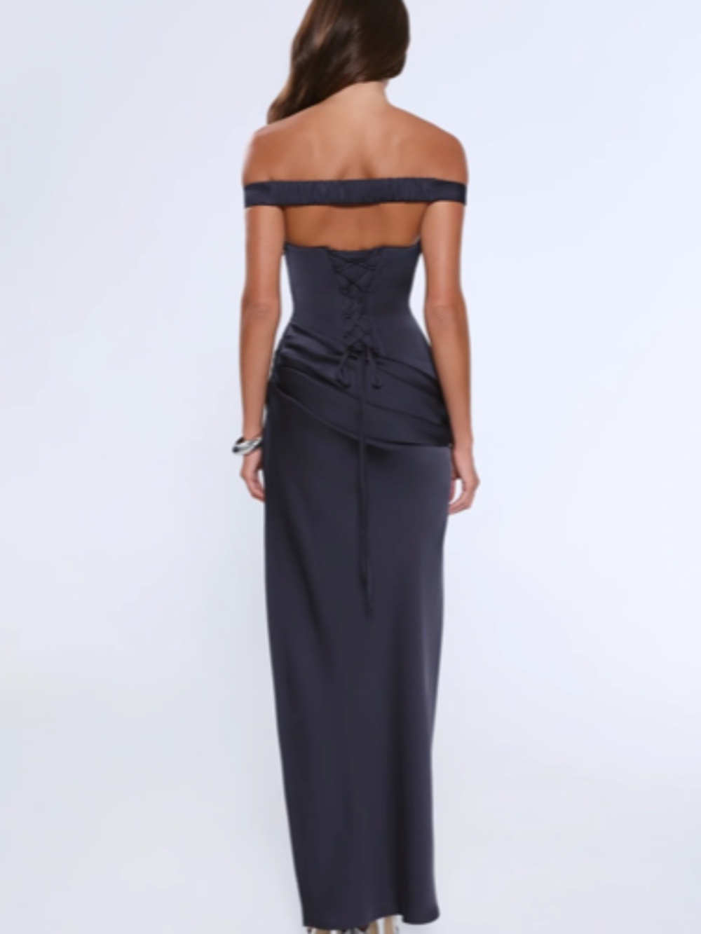 Off Shoulder Satin Maxi Dress - Navy